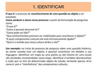 1. IDENTIFICAR
O que é: o processo de reconhecimento de uma questão ou objeto a ser
estudado.
Como conduzir o aluno nesse processo: a partir da formulação de perguntas
como:
“O que é?”
“Como é possível descrevê-lo?”
“Como pode ser lido?”
“Que conhecimentos precisam ser mobilizados para reconhecer o objeto?”
“A quais componentes culturais ele está intrinsecamente ligado?”
“Qual é o sentido que nossa cultura atribui a ele?”
Um exemplo: no início do processo de pesquisa sobre uma questão histórica,
ao tomar contato com um objeto, é possível reconhecer em detalhe a sua
linguagem. Identificar um mapa ou uma planta ou até mesmo ler uma escala
são atividades recomendadas nessa etapa. Identificar é também desnaturalizar
a visão que se tem de determinado objeto de estudo, tentando apenas vê-lo
como é, sem a “interferência” dos componentes culturais.
 