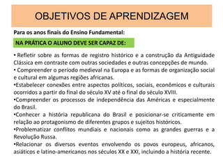 OBJETIVOS DE APRENDIZAGEM
Para os anos finais do Ensino Fundamental:
NA PRÁTICA O ALUNO DEVE SER CAPAZ DE:
• Refletir sobre as formas de registro histórico e a construção da Antiguidade
Clássica em contraste com outras sociedades e outras concepções de mundo.
• Compreender o período medieval na Europa e as formas de organização social
e cultural em algumas regiões africanas.
•Estabelecer conexões entre aspectos políticos, sociais, econômicos e culturais
ocorridos a partir do final do século XV até o final do século XVIII.
•Compreender os processos de independência das Américas e especialmente
do Brasil.
•Conhecer a história republicana do Brasil e posicionar-se criticamente em
relação ao protagonismo de diferentes grupos e sujeitos históricos.
•Problematizar conflitos mundiais e nacionais como as grandes guerras e a
Revolução Russa.
•Relacionar os diversos eventos envolvendo os povos europeus, africanos,
asiáticos e latino-americanos nos séculos XX e XXI, incluindo a história recente.
 