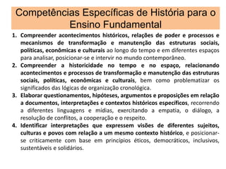 Competências Específicas de História para o
Ensino Fundamental
1. Compreender acontecimentos históricos, relações de poder e processos e
mecanismos de transformação e manutenção das estruturas sociais,
políticas, econômicas e culturais ao longo do tempo e em diferentes espaços
para analisar, posicionar-se e intervir no mundo contemporâneo.
2. Compreender a historicidade no tempo e no espaço, relacionando
acontecimentos e processos de transformação e manutenção das estruturas
sociais, políticas, econômicas e culturais, bem como problematizar os
significados das lógicas de organização cronológica.
3. Elaborar questionamentos, hipóteses, argumentos e proposições em relação
a documentos, interpretações e contextos históricos específicos, recorrendo
a diferentes linguagens e mídias, exercitando a empatia, o diálogo, a
resolução de conflitos, a cooperação e o respeito.
4. Identificar interpretações que expressem visões de diferentes sujeitos,
culturas e povos com relação a um mesmo contexto histórico, e posicionar-
se criticamente com base em princípios éticos, democráticos, inclusivos,
sustentáveis e solidários.
 