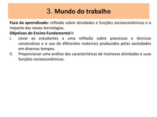 3. Mundo do trabalho
Foco do aprendizado: reflexão sobre atividades e funções socioeconômicas e o
impacto das novas tecnologias.
Objetivos do Ensino Fundamental I:
I. Levar os estudantes a uma reflexão sobre processos e técnicas
construtivas e o uso de diferentes materiais produzidos pelas sociedades
em diversos tempos.
II. Proporcionar uma análise das características de inúmeras atividades e suas
funções socioeconômicas.
 
