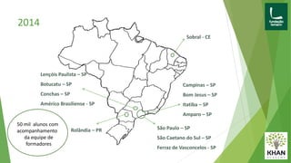 2014
50 mil alunos com
acompanhamento
da equipe de
formadores
Campinas – SP
Bom Jesus – SP
Itatiba – SP
Amparo – SP
Lençóis Paulista – SP
Botucatu – SP
Conchas – SP
Américo Brasiliense - SP
Rolândia – PR
Sobral - CE
São Paulo – SP
São Caetano do Sul – SP
Ferraz de Vasconcelos - SP
 