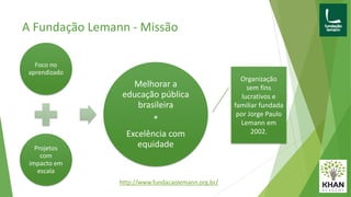 A Fundação Lemann - Missão
Foco no
aprendizado
Projetos
com
impacto em
escala
Melhorar a
educação pública
brasileira
*
Excelência com
equidade
Organização
sem fins
lucrativos e
familiar fundada
por Jorge Paulo
Lemann em
2002.
http://www.fundacaolemann.org.br/
 
