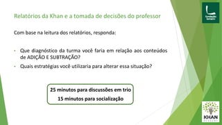Relatórios da Khan e a tomada de decisões do professor
Com base na leitura dos relatórios, responda:
• Que diagnóstico da turma você faria em relação aos conteúdos
de ADIÇÃO E SUBTRAÇÃO?
• Quais estratégias você utilizaria para alterar essa situação?
25 minutos para discussões em trio
15 minutos para socialização
 