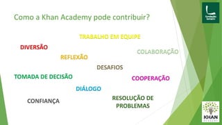 Como a Khan Academy pode contribuir?
DIÁLOGO
REFLEXÃO
COLABORAÇÃO
DIVERSÃO
COOPERAÇÃO
TRABALHO EM EQUIPE
RESOLUÇÃO DE
PROBLEMAS
CONFIANÇA
TOMADA DE DECISÃO
DESAFIOS
 