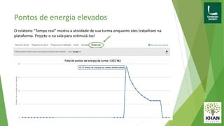 Pontos de energia elevados
O relatório “Tempo real” mostra a atividade de sua turma enquanto eles trabalham na
plataforma. Projete-o na sala para estimulá-los!
 