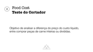 Food Cost
Teste do Cortador
Objetivo de analisar a diferença do preço do custo líquido,
entre comprar peças de carne inteiras ou divididas.
3
 