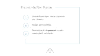Praticar da Pior Forma
1
2
3
Uso de frases-tipo, mecanização no
atendimento
Reagir, gerir con
fl
itos.
Desmotivação de pessoal ou não-
orientação à satisfação
 