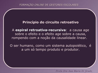 Princípio do circuito retroativo A  espiral retroativa-recursiva :  a causa age sobre o efeito e o efeito age sobre a causa, rompendo com a noção da causalidade linear.  O ser humano, como um sistema autopoiético,  é a um só tempo produto e produtor. 