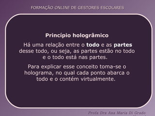 Princípio hologrâmico Há uma relação entre o  todo  e as  partes  desse todo, ou seja, as partes estão no todo e o todo está nas partes.  Para explicar esse conceito toma-se o holograma, no qual cada ponto abarca o todo e o contém virtualmente.  