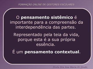 O  pensamento sistêmico  é importante para a compreensão da interdependência das partes.  Representado pela teia da vida, porque esta é a sua própria essência.  É um  pensamento contextual . 