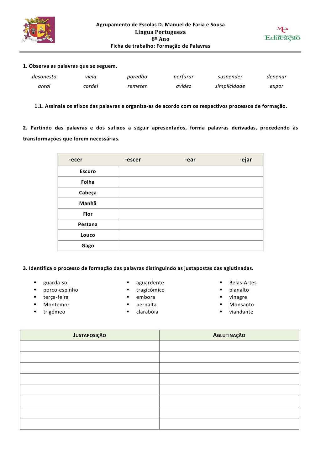 Estrutura Das Palavras Exercícios 9o Ano Com Gabarito - NAZAEDU