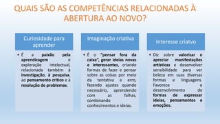 QUAIS SÃO AS COMPETÊNCIAS RELACIONADAS À
ABERTURA AO NOVO?
Curiosidade para
aprender
• É a paixão pela
aprendizagem e
exploração intelectual,
relacionada também à
investigação, à pesquisa,
ao pensamento crítico e à
resolução de problemas.
Imaginação criativa
• É o “pensar fora da
caixa”, gerar ideias novas
e interessantes, criando
formas de fazer e pensar
sobre as coisas por meio
da tentativa e erro,
fazendo ajustes quando
necessário, aprendendo
com as falhas,
combinando
conhecimentos e ideias.
Interesse criatvo
• Diz sobre valorizar e
apreciar manifestações
artísticas e desenvolver
sensibilidade para ver
beleza em suas diversas
formas e linguagens.
Favorece o
desenvolvimento de
formas de expressar
ideias, pensamentos e
emoções.
 