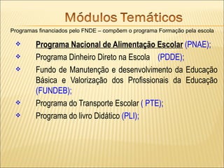 Programas financiados pelo FNDE – compõem o programa Formação pela escola

        Programa Nacional de Alimentação Escolar (PNAE);
        Programa Dinheiro Direto na Escola (PDDE);
        Fundo de Manutenção e desenvolvimento da Educação
         Básica e Valorização dos Profissionais da Educação
         (FUNDEB);
        Programa do Transporte Escolar ( PTE);
        Programa do livro Didático (PLI);
 