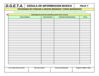 D.G.E.T.A.                         CEDULA DE INFORMACION BASICA                                              HOJA 7
                   PROGRAMAS DE ATENCION A GRUPOS INDIGENAS Y ZONAS MARGINADAS
            APLICABLE A CBTA, CBTF, EXTENSIONES, UNCADER, CIRENA Y BRIGADA. ACTUALIZAR EL MES DE DICIEMBRE DE CADA AÑO

1                                       PROGRAMAS DE ATENCION DESARROLLADOS POR EL PLANTEL

                       ETNIA ATENDIDA                     PARTICIPANTES        ATENCION PROPORCIONADA              FECHA




    Vo. Bo. DIRECTOR DEL PLANTEL            SELLO DEL PLANTEL             FECHA DE ELABORACION          ELABORO: NOMBRE Y FIRMA
 