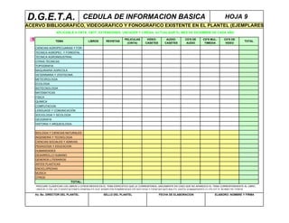 D.G.E.T.A.                             CEDULA DE INFORMACION BASICA                                                                        HOJA 9
ACERVO BIBLIOGRAFICO, VIDEOGRAFICO Y FONOGRAFICO EXISTENTE EN EL PLANTEL (EJEMPLARES
                    APLICABLE A CBTA, CBTF, EXTENSIONES, UNCADER Y CIRENA, ACTUALIZAR EL MES DE DICIEMBRE DE CADA AÑO

  1                 TEMA                  LIBROS       REVISTAS
                                                                    PELICULAS       VIDEO-       AUDIO-        CD'S DE     CD'S MUL-      CD'S DE
                                                                                                                                                         TOTAL
                                                                     (CINTA)       CASETES      CASETES         AUDIO       TIMEDIA        VIDEO
      CIENCIAS AGROPECUARIAS Y FOR.                                                                                                                        0
      TECNICA AGROPEC. Y FORESTAL                                                                                                                          0
      TECNICA AGROINDUSTRIAL                                                                                                                               0
      OTRAS TECNICAS                                                                                                                                       0
      TOPOGRAFIA                                                                                                                                           0
      MAQUINARIA AGRICOLA                                                                                                                                  0
      VETERINARIA Y ZOOTECNIA                                                                                                                              0
      METEOROLOGIA                                                                                                                                         0
      ECOLOGIA                                                                                                                                             0
      BIOTECNOLOGIA                                                                                                                                        0
      MATEMATICAS                                                                                                                                          0
      FISICA                                                                                                                                               0
      QUIMICA                                                                                                                                              0
      COMPUTACION                                                                                                                                          0
      LENGUAGE Y COMUNICACIÓN                                                                                                                              0
      SOCIOLOGIA Y SICOLOGIA                                                                                                                               0
      GEOGRAFIA                                                                                                                                            0
      HISTORIA Y ARQUEOLOGIA                                                                                                                               0


      BIOLOGIA Y CIENCIAS NATURALES                                                                                                                        0
      INGENIERIA Y TECNOLOGIA                                                                                                                              0
      CIENCIAS SOCIALES Y ADMVAS.                                                                                                                          0
      PEDAGOGIA Y EDUCACION                                                                                                                                0
      HUMANIDADES                                                                                                                                          0
      DESARROLLO HUMANO                                                                                                                                    0
      GENEROS LITERARIOS                                                                                                                                   0
      ARTES PLASTICAS                                                                                                                                      0
      ENCICLOPEDIAS                                                                                                                                        0
      MUSICA                                                                                                                                               0
      OTROS                                                                                                                                                0
                              TOTAL:         0             0             0             0            0             0             0            0             0
      PROCURE CLASIFICAR LOS LIBROS U OTROS MEDIOS EN EL TEMA ESPECIFICO QUE LE CORRESPONDA, UNICAMENTE EN CASO QUE NO APAREZCA EL TEMA CORRESPONDIENTE AL LIBRO,
      UBIQUELO EN LAS CLASIFICACIONES GENERALES QUE APARECEN SOMBREADAS (DE BIOLOGIA Y CIENCIAS NATURALES HASTA HUMANIDADES) O UTILICE EL RUBRO DE OTROS

      Vo. Bo. DIRECTOR DEL PLANTEL                   SELLO DEL PLANTEL                       FECHA DE ELABORACION                   ELABORO: NOMBRE Y FIRMA
 