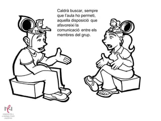 Disposició de l’aula Caldrà buscar, sempre que l’aula ho permeti, aquella disposició que afavoreixi la comunicació entre els membres del grup. 