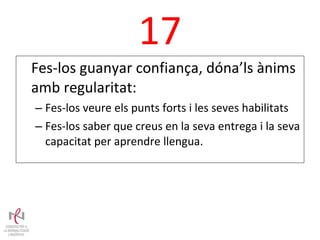 17 Fes-los guanyar confiança, dóna’ls ànims amb regularitat: Fes-los veure els punts forts i les seves habilitats Fes-los saber que creus en la seva entrega i la seva capacitat per aprendre llengua. 