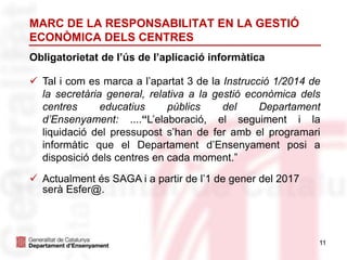 11
 Tal i com es marca a l’apartat 3 de la Instrucció 1/2014 de
la secretària general, relativa a la gestió econòmica dels
centres educatius públics del Departament
d’Ensenyament: ....“L’elaboració, el seguiment i la
liquidació del pressupost s’han de fer amb el programari
informàtic que el Departament d’Ensenyament posi a
disposició dels centres en cada moment.”
 Actualment és SAGA i a partir de l’1 de gener del 2017
serà Esfer@.
MARC DE LA RESPONSABILITAT EN LA GESTIÓ
ECONÒMICA DELS CENTRES
Obligatorietat de l’ús de l’aplicació informàtica
 