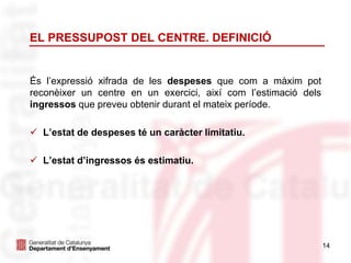 14
EL PRESSUPOST DEL CENTRE. DEFINICIÓ
És l’expressió xifrada de les despeses que com a màxim pot
reconèixer un centre en un exercici, així com l’estimació dels
ingressos que preveu obtenir durant el mateix període.
 L’estat de despeses té un caràcter limitatiu.
 L’estat d’ingressos és estimatiu.
 