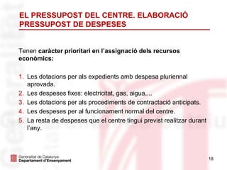 18
EL PRESSUPOST DEL CENTRE. ELABORACIÓ
PRESSUPOST DE DESPESES
Tenen caràcter prioritari en l’assignació dels recursos
econòmics:
1. Les dotacions per als expedients amb despesa pluriennal
aprovada.
2. Les despeses fixes: electricitat, gas, aigua,...
3. Les dotacions per als procediments de contractació anticipats.
4. Les despeses per al funcionament normal del centre.
5. La resta de despeses que el centre tingui previst realitzar durant
l’any.
 