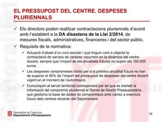 19
EL PRESSUPOST DEL CENTRE. DESPESES
PLURIENNALS
 Els directors poden realitzar contractacions pluriennals d’acord
amb l’establert a la DA dissetena de la Llei 2/2014, de
mesures fiscals, administratives, financeres i del sector públic.
 Requisits de la normativa:
 Actuació d’abast d’un curs escolar i que tinguin com a objecte la
contractació de serveis de caràcter recurrent en la dinàmica del centre
docent, sempre que l’import de les anualitats futures no superi els 150.000
euros.
 Les despeses compromeses totals per a la primera anualitat futura no han
de superar el 50% de l’import del pressupost de despeses del centre docent
vigent en el moment de l’autorització.
 Comuniquin al servei territorial corresponent per tal que es trameti la
informació del compromís pluriennal al Servei de Gestió Pressupostària,
que gestiona la base de dades de compromisos amb càrrec a exercicis
futurs dels centres docents del Departament.
 