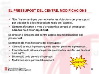 26
EL PRESSUPOST DEL CENTRE. MODIFICACIONS
 Són l’instrument que permet variar les dotacions del pressupost
per adaptar-lo a les necessitats reals de l’exercici.
 Sempre afectaran a més d’una partida perquè el pressupost
sempre ha d’estar equilibrat.
El director o directora del centre aprova les modificacions del
pressupost.
Exemples de modificacions del pressupost:
 Obtenció de nous ingressos que no estaven previstos al pressupost.
 Insuficiència de saldo a una partida que impedeix imputar una despesa
o un ingrés.
 Disminució de la previsió d’ingressos.
 Modificació de la partida del romanent.
NOVETAT
 