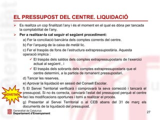 27
EL PRESSUPOST DEL CENTRE. LIQUIDACIÓ
 Es realitza un cop finalitzat l’any i és el moment en el qual es dóna per tancada
la comptabilitat de l’any.
 Per a realitzar-la cal seguir el següent procediment:
a) Fer la conciliació bancària dels comptes corrents del centre.
b) Fer l’arqueig de la caixa de metàl·lic.
c) Fer el traspàs de fons de l’estructura extrapressupostària. Aquesta
operació implica :
 El traspàs dels saldos dels comptes extrapressupostaris de l’exercici
actual al següent , i
 El traspàs dels sobrants dels comptes extrapressupostaris que el
centre determini, a la partida de romanent pressupostari.
d) Tancar les reserves.
e) Aprovar la liquidació en sessió del Consell Escolar.
f) El Servei Territorial verificarà i comprovarà la seva correcció i tancarà el
pressupost. Si no és correcta, canviarà l’estat del pressupost perquè el centre
faci les modificacions oportunes i torni a realitzar el procés.
g) Presentar al Servei Territorial o al CEB abans del 31 de març els
documents de la liquidació del pressupost.
NOVETAT
 
