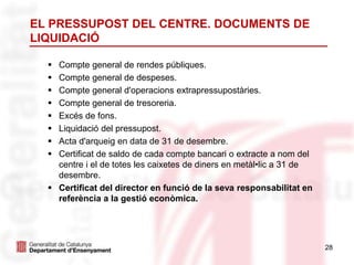 28
EL PRESSUPOST DEL CENTRE. DOCUMENTS DE
LIQUIDACIÓ
 Compte general de rendes públiques.
 Compte general de despeses.
 Compte general d'operacions extrapressupostàries.
 Compte general de tresoreria.
 Excés de fons.
 Liquidació del pressupost.
 Acta d'arqueig en data de 31 de desembre.
 Certificat de saldo de cada compte bancari o extracte a nom del
centre i el de totes les caixetes de diners en metàl•lic a 31 de
desembre.
 Certificat del director en funció de la seva responsabilitat en
referència a la gestió econòmica.
 
