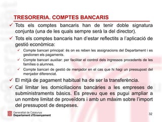 32
TRESORERIA. COMPTES BANCARIS
 Tots els comptes bancaris han de tenir doble signatura
conjunta (una de les quals sempre serà la del director).
 Tots els comptes bancaris han d’estar reflectits a l’aplicació de
gestió econòmica:
 Compte bancari principal: és on es reben les assignacions del Departament i es
gestionen els pagaments.
 Compte bancari auxiliar: per facilitar el control dels ingressos procedents de les
famílies o alumnes.
 Compte bancari de gestió de menjador en el cas que hi hagi un pressupost del
menjador diferenciat.
 El mitjà de pagament habitual ha de ser la transferència.
 Cal limitar les domiciliacions bancàries a les empreses de
subministraments bàsics. Es preveu que es pugui ampliar a
un nombre limitat de proveïdors i amb un màxim sobre l’import
del pressupost de despeses.
 