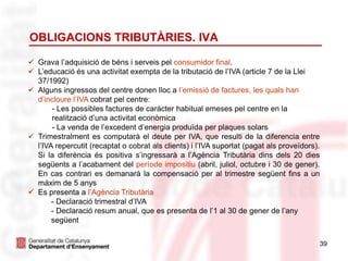 OBLIGACIONS TRIBUTÀRIES. IVA
39
 Grava l’adquisició de béns i serveis pel consumidor final.
 L’educació és una activitat exempta de la tributació de l’IVA (article 7 de la Llei
37/1992)
 Alguns ingressos del centre donen lloc a l’emissió de factures, les quals han
d’incloure l’IVA cobrat pel centre:
- Les possibles factures de caràcter habitual emeses pel centre en la
realització d’una activitat econòmica
- La venda de l’excedent d’energia produïda per plaques solars
 Trimestralment es computarà el deute per IVA, que resulti de la diferencia entre
l’IVA repercutit (recaptat o cobrat als clients) i l’IVA suportat (pagat als proveïdors).
Si la diferència és positiva s’ingressarà a l’Agència Tributària dins dels 20 dies
següents a l’acabament del període impositiu (abril, juliol, octubre i 30 de gener).
En cas contrari es demanarà la compensació per al trimestre següent fins a un
màxim de 5 anys
 Es presenta a l’Agència Tributària
- Declaració trimestral d’IVA
- Declaració resum anual, que es presenta de l’1 al 30 de gener de l’any
següent
 