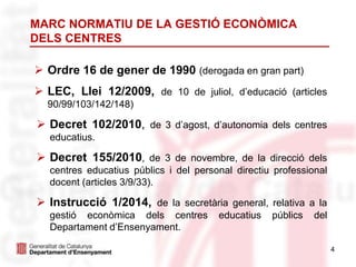 4
MARC NORMATIU DE LA GESTIÓ ECONÒMICA
DELS CENTRES
 Ordre 16 de gener de 1990 (derogada en gran part)
 LEC, Llei 12/2009, de 10 de juliol, d’educació (articles
90/99/103/142/148)
 Decret 102/2010, de 3 d’agost, d’autonomia dels centres
educatius.
 Decret 155/2010, de 3 de novembre, de la direcció dels
centres educatius públics i del personal directiu professional
docent (articles 3/9/33).
 Instrucció 1/2014, de la secretària general, relativa a la
gestió econòmica dels centres educatius públics del
Departament d’Ensenyament.
 