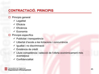 45
CONTRACTACIÓ. PRINCIPIS
 Principis general
 Legalitat
 Eficàcia
 Eficiència
 Economia
 Principis específics
 Publicitat i transparència
 Llibertat d’accés a les licitacions i concurrència
 Igualtat i no discriminació
 Existència de crèdit
 Lliure competència i selecció de l’oferta econòmicament més
avantatjosa
 Confidencialitat
 