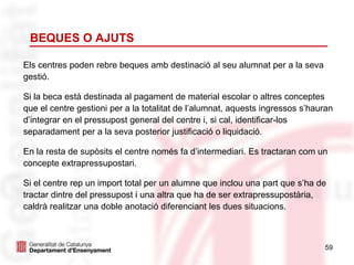 BEQUES O AJUTS
59
Els centres poden rebre beques amb destinació al seu alumnat per a la seva
gestió.
Si la beca està destinada al pagament de material escolar o altres conceptes
que el centre gestioni per a la totalitat de l’alumnat, aquests ingressos s’hauran
d’integrar en el pressupost general del centre i, si cal, identificar-los
separadament per a la seva posterior justificació o liquidació.
En la resta de supòsits el centre només fa d’intermediari. Es tractaran com un
concepte extrapressupostari.
Si el centre rep un import total per un alumne que inclou una part que s’ha de
tractar dintre del pressupost i una altra que ha de ser extrapressupostària,
caldrà realitzar una doble anotació diferenciant les dues situacions.
 