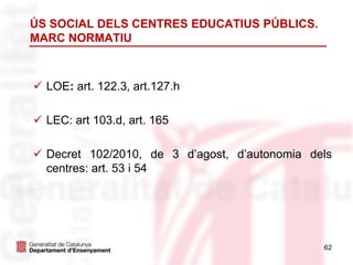 62
ÚS SOCIAL DELS CENTRES EDUCATIUS PÚBLICS.
MARC NORMATIU
 LOE: art. 122.3, art.127.h
 LEC: art 103.d, art. 165
 Decret 102/2010, de 3 d’agost, d’autonomia dels
centres: art. 53 i 54
 