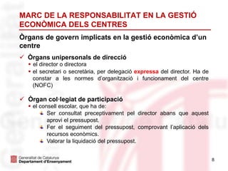 8
Òrgans de govern implicats en la gestió econòmica d’un
centre
 Òrgans unipersonals de direcció
 el director o directora
 el secretari o secretària, per delegació expressa del director. Ha de
constar a les normes d’organització i funcionament del centre
(NOFC)
 Òrgan col·legiat de participació
 el consell escolar, que ha de:
Ser consultat preceptivament pel director abans que aquest
aprovi el pressupost.
Fer el seguiment del pressupost, comprovant l’aplicació dels
recursos econòmics.
Valorar la liquidació del pressupost.
MARC DE LA RESPONSABILITAT EN LA GESTIÓ
ECONÒMICA DELS CENTRES
 