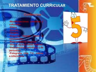 •Manifestaciones artísticas y
culturales
•Ritmo.
•Sonido.
•Timbre.
•Espacio, tiempo, ritmo y
movimiento.
•Romanticismo musical
•Himno de la Entidad Federal.
•Instrumentos melódicos y de
percusión
•Fotografía, cine, T.V., videos
e informática
TRATAMIENTO CURRICULAR
 