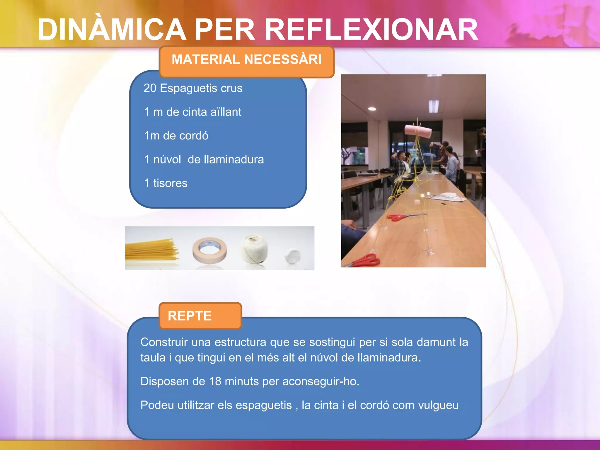 DINÀMICA PER REFLEXIONAR
20 Espaguetis crus
1 m de cinta aïllant
1m de cordó
1 núvol de llaminadura
1 tisores
MATERIAL NECESSÀRI
Construir una estructura que se sostingui per si sola damunt la
taula i que tingui en el més alt el núvol de llaminadura.
Disposen de 18 minuts per aconseguir-ho.
Podeu utilitzar els espaguetis , la cinta i el cordó com vulgueu
REPTE
 