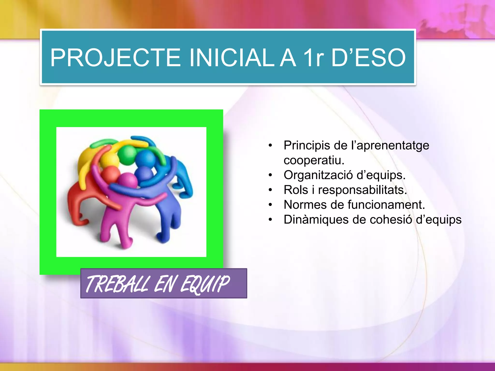 TREBALL EN EQUIP
PROJECTE INICIAL A 1r D’ESO
• Principis de l’aprenentatge
cooperatiu.
• Organització d’equips.
• Rols i responsabilitats.
• Normes de funcionament.
• Dinàmiques de cohesió d’equips
 