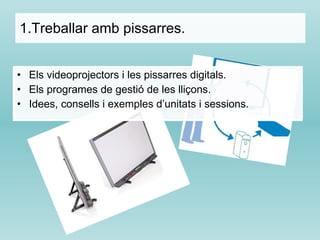 1.Treballar amb pissarres. Els videoprojectors i les pissarres digitals. Els programes de gestió de les lliçons. Idees, consells i exemples d’unitats i sessions. 