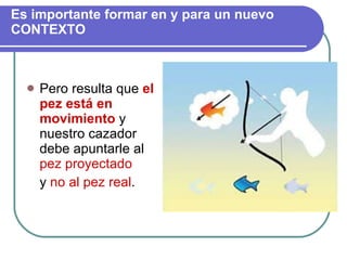 Es importante formar en y para un nuevo CONTEXTO Pero resulta que  el pez está en movimiento  y nuestro cazador debe apuntarle al  pez proyectado y  no al pez real .  