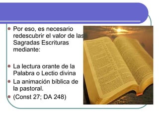 Por eso, es necesario redescubrir el valor de las Sagradas Escrituras mediante: La lectura orante de la Palabra o Lectio divina La animación bíblica de la pastoral. (Const 27; DA 248) 
