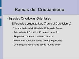 Ramas del Cristianismo


Iglesias Ortodoxas Orientales
-Diferencias organizativas (frente al Catolicismo)
*No admite la infalibilidad del Obispo de Roma
*Solo admite 7 Concilios Ecuménicos ↔ 21
*Se pueden ordenar hombres casados
*No tiene ni admite órdenes ni congregaciones
*Usa lenguas vernáculas desde mucho antes

 