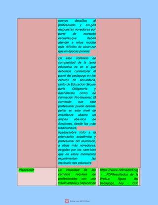 n
u
e
v
o
s d
e
s
a
f
í
o
s a
l
p
r
o
f
e
s
o
r
a
d
o y e
x
i
-
g
e
n
r
e
s
p
u
e
s
t
a
sn
o
v
e
d
o
s
a
sp
o
r
p
a
r
t
e d
e n
u
e
s
t
r
a
s
e
s
c
u
e
l
a
s
,
q
u
e d
e
b
e
n
a
t
e
n
d
e
r a r
e
t
o
s mu
c
h
o
má
sd
i
f
í
c
i
l
e
sd
ea
l
c
a
n
-
z
a
r
q
u
e
e
né
p
o
c
a
s
p
r
e
v
i
a
s
.
E
n e
s
t
e c
o
n
t
e
x
t
o d
e
c
o
mp
l
e
j
i
d
a
d d
e l
a t
a
r
e
a
e
d
u
c
a
t
i
v
a e
s e
n e
lq
u
e
d
e
b
e
mo
s c
o
n
t
e
mp
l
a
r e
l
p
a
p
e
l
d
e
l
p
e
d
a
g
o
g
oe
nl
o
s
c
e
n
t
r
o
s d
e s
e
c
u
n
d
a
r
i
a
,
t
a
n
t
od
eE
d
u
c
a
c
i
ó
nS
e
c
u
n
-
d
a
r
i
a O
b
l
i
g
a
t
o
r
i
a y
B
a
c
h
i
l
l
e
r
a
t
o c
o
mo d
e
F
o
r
ma
c
i
ó
nP
r
o
-
f
e
s
i
o
n
a
l
.
E
l
c
o
me
t
i
d
o q
u
e e
s
t
e
p
r
o
f
e
s
i
o
n
a
l
p
u
e
d
ed
e
s
e
m-
p
e
ñ
a
r e
n e
s
t
e n
i
v
e
ld
e
e
n
s
e
ñ
a
n
z
a a
b
a
r
c
a u
n
a
mp
l
i
o a
b
a
-
n
i
c
o d
e
f
u
n
c
i
o
n
e
s
,
d
e
s
d
el
a
smá
s
t
r
a
d
i
c
i
o
n
a
l
e
s
,
l
i
g
a
d
a
s
s
o
b
r
e t
o
d
o a l
a
o
r
i
e
n
t
a
c
i
ó
n a
c
a
d
é
mi
c
a y
p
r
o
f
e
s
i
o
n
a
l
d
e
l
a
l
u
mn
a
d
o
,
a o
t
r
a
s má
s n
o
v
e
d
o
s
a
s
,
e
x
i
g
i
d
a
sp
o
r
l
o
sc
a
m-
b
i
o
s
q
u
e e
n e
s
t
o
s mo
me
n
t
o
s
e
x
p
e
r
i
me
n
t
a
n l
a
s
i
n
s
t
i
t
u
c
i
o
-
n
e
s
e
d
u
c
a
t
i
v
a
P
l
a
n
e
a
c
i
ó
n L
a v
e
l
o
c
i
d
a
d d
e l
o
s
c
a
mb
i
o
s r
e
q
u
i
e
r
e d
e
p
r
o
f
e
s
i
o
n
a
l
e
s c
o
n u
n
a
v
i
s
i
ó
na
mp
l
i
ay
c
a
p
a
c
e
s
d
e
h
t
t
p
s
:
/
/
w
w
w
.
c
d
l
ma
d
r
i
d
.
o
r
g
›.
.
.
P
D
F
R
e
s
u
l
t
a
d
o
s d
e l
a
We
b
L
a f
i
g
u
r
a d
e
l
p
e
d
a
g
o
g
o
, h
o
y - C
D
L
 