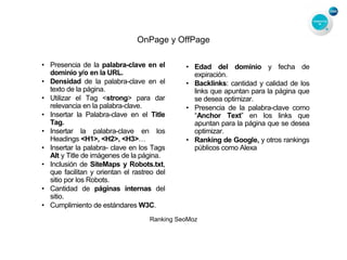 OnPage y OffPage
• Presencia de la palabra-clave en el
dominio y/o en la URL.
• Densidad de la palabra-clave en el
texto de la página.
• Utilizar el Tag <strong> para dar
relevancia en la palabra-clave.
• Insertar la Palabra-clave en el Title
Tag.
• Insertar la palabra-clave en los
Headings <H1>, <H2>, <H3>…
• Insertar la palabra- clave en los Tags
Alt y Title de imágenes de la página.
• Inclusión de SiteMaps y Robots.txt,
que facilitan y orientan el rastreo del
sitio por los Robots.
• Cantidad de páginas internas del
sitio.
• Cumplimiento de estándares W3C.
• Edad del dominio y fecha de
expiración.
• Backlinks: cantidad y calidad de los
links que apuntan para la página que
se desea optimizar.
• Presencia de la palabra-clave como
“Anchor Text” en los links que
apuntan para la página que se desea
optimizar.
• Ranking de Google, y otros rankings
públicos como Alexa
Ranking SeoMoz
 