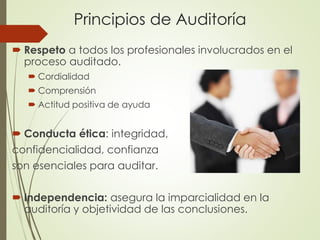 Principios de Auditoría
 Respeto a todos los profesionales involucrados en el
proceso auditado.
 Cordialidad
 Comprensión
 Actitud positiva de ayuda
 Conducta ética: integridad,
confidencialidad, confianza
son esenciales para auditar.
 Independencia: asegura la imparcialidad en la
auditoría y objetividad de las conclusiones.
 