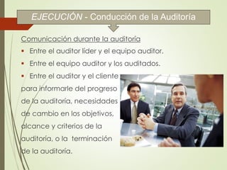 Comunicación durante la auditoría
 Entre el auditor líder y el equipo auditor.
 Entre el equipo auditor y los auditados.
 Entre el auditor y el cliente
para informarle del progreso
de la auditoría, necesidades
de cambio en los objetivos,
alcance y criterios de la
auditoría, o la terminación
de la auditoría.
EJECUCIÓN - Conducción de la Auditoría
 