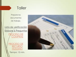 Taller
Prepare los
documentos
de trabajo.
Lista de verificación
Elabore 6 Preguntas
PROCESO DE
COMPRAS
PROCESO DE
RECURSO
HUMANO
Tiempo: 10 min.
 
