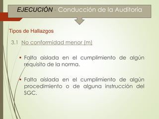Conducción de la Auditoría
3.1 No conformidad menor (m)
 Falta aislada en el cumplimiento de algún
requisito de la norma.
 Falta aislada en el cumplimiento de algún
procedimiento o de alguna instrucción del
SGC.
Tipos de Hallazgos
EJECUCIÓN - Conducción de la Auditoría
 