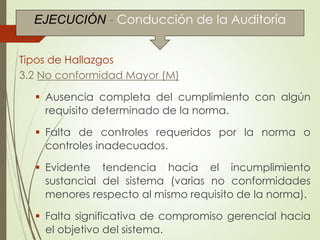 Conducción de la Auditoría
Tipos de Hallazgos
3.2 No conformidad Mayor (M)
 Ausencia completa del cumplimiento con algún
requisito determinado de la norma.
 Falta de controles requeridos por la norma o
controles inadecuados.
 Evidente tendencia hacia el incumplimiento
sustancial del sistema (varias no conformidades
menores respecto al mismo requisito de la norma).
 Falta significativa de compromiso gerencial hacia
el objetivo del sistema.
EJECUCIÓN - Conducción de la Auditoría
 