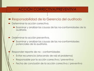 ACCIÓN CORRECTIVA/PREVENTIVA
 Responsabilidad de la Gerencia del auditado
 Determinar la acción correctiva.
 Examinar y analizar las causas de las no-conformidades de la
auditoría.
 Determinar la acción preventiva.
 Examinar y analizar las causas de las no-conformidades
potenciales de la auditoría.
 Responder reporte de no - conformidades
 Evitar recurrencia (atacando de raíz el problema)
 Responsable por la acción correctiva / preventiva
 Fecha de conclusión de la acción correctiva / preventiva
 
